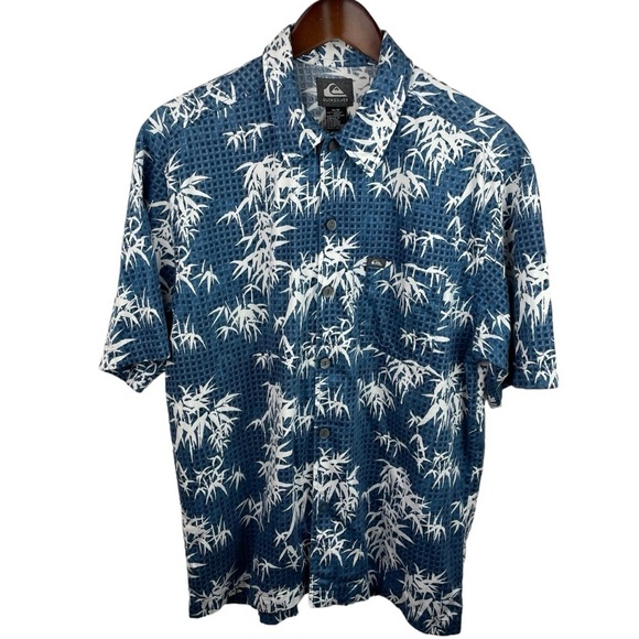 Quiksilver | Blue White Palm Tree Print Button Shirt - Picture 1 of 7